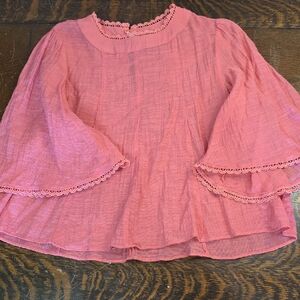 Anthropologie Coral Boho Bell Sleeve Blouse Lace-Trim Neck and Sleeve Blouse